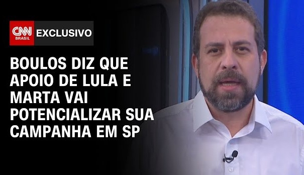 À CNN, Boulos diz que apoio de Lula e Marta vai potencializar sua campanha em SP